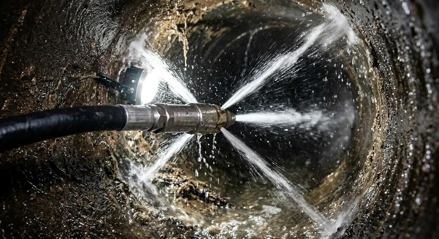 High-pressure hydro jetting nozzle cleaning sewer pipe for Sewer Cleanout in Springville