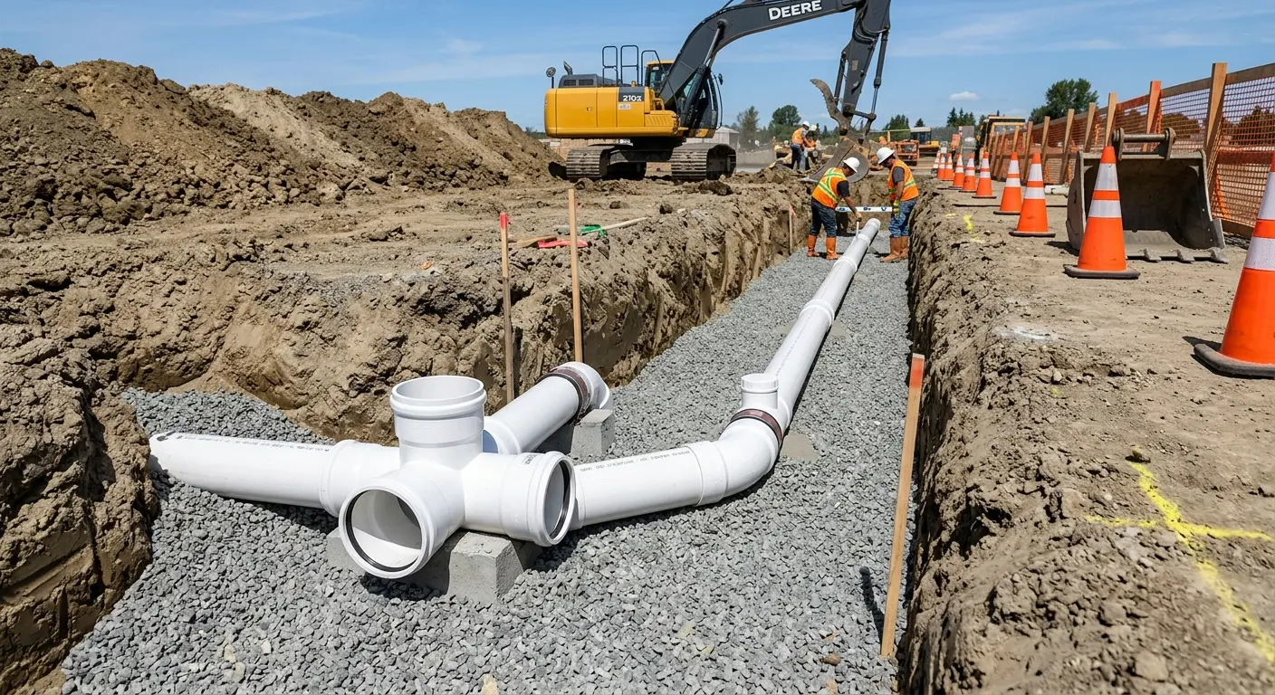 New PVC sewer pipe installation in open trench for Commercial Drain Cleaning in Springville