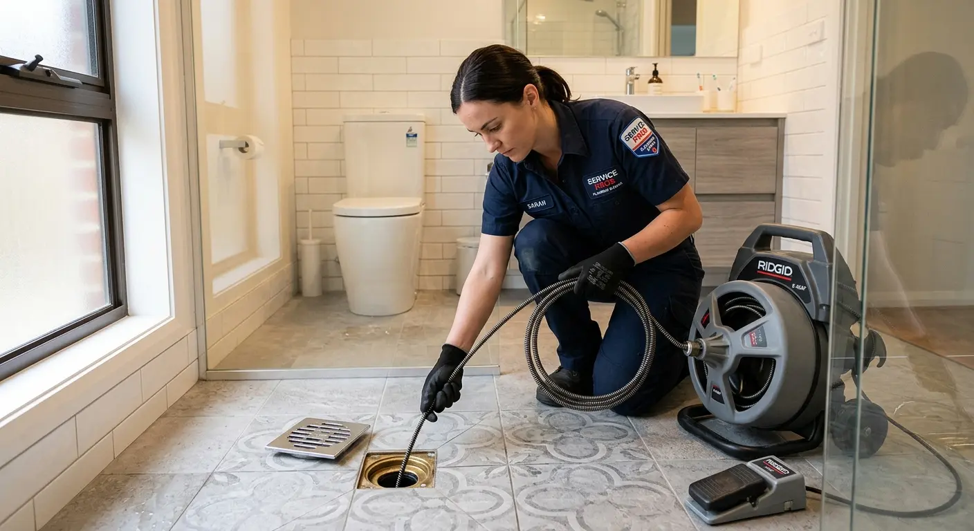 Technician clearing a bathroom floor drain for Hydro Jetting in Springville